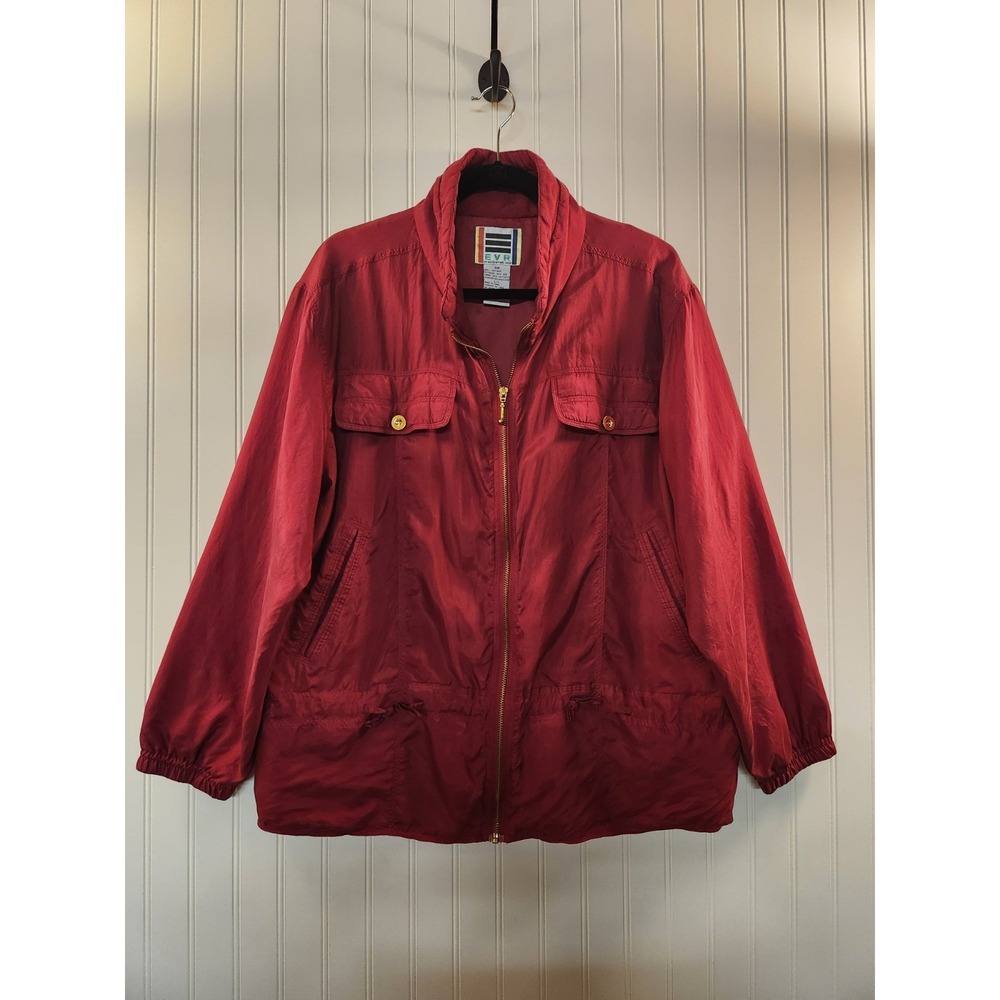 Vintage 1990s EVR Women Red 100% Silk Jacket Size L Lined Brass Zipper Classic